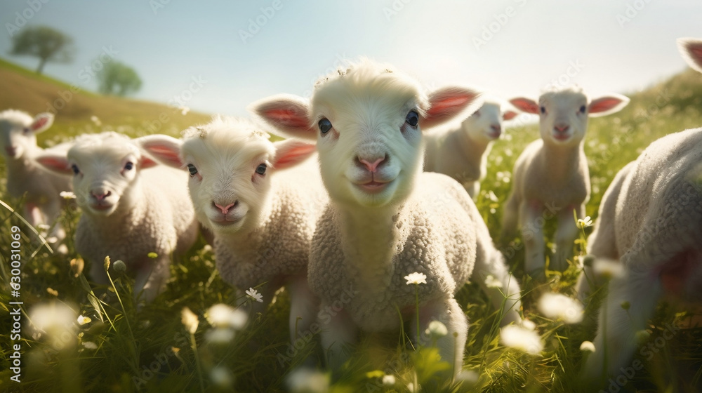 sheep in the field looking to the camera sheep in the field looking to the camera