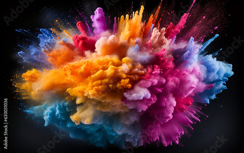 A colorful powder explosion on black background. Generative AI