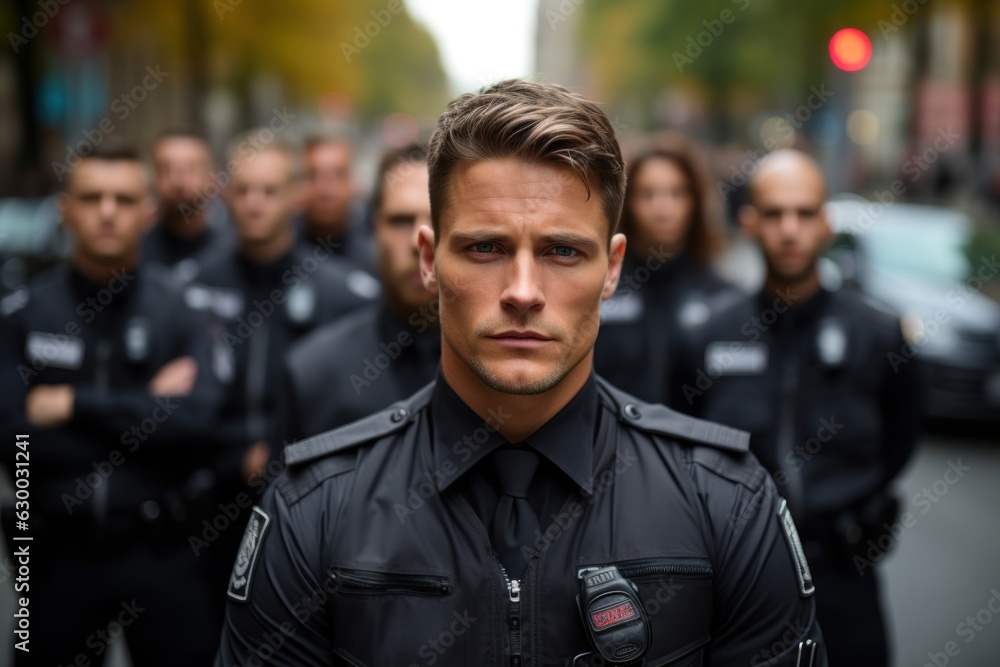 policeman at the police station Confident policeman standing with arms crossed looking at the camera with crews behind him. policeman at the police station Confident policeman standing with arms crossed looking at the camera with crews behind him.