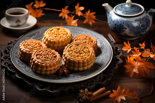 Mid-Autumn Festival, appetizing mooncakes with space for text and design. With Generative AI technology photo