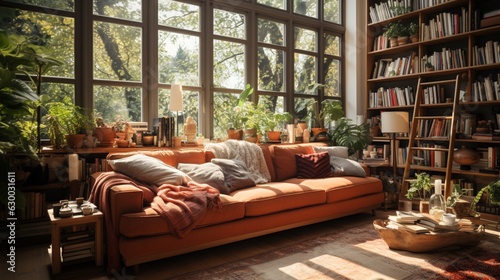 Cozy living room with natural light coming in from a large window © Newton