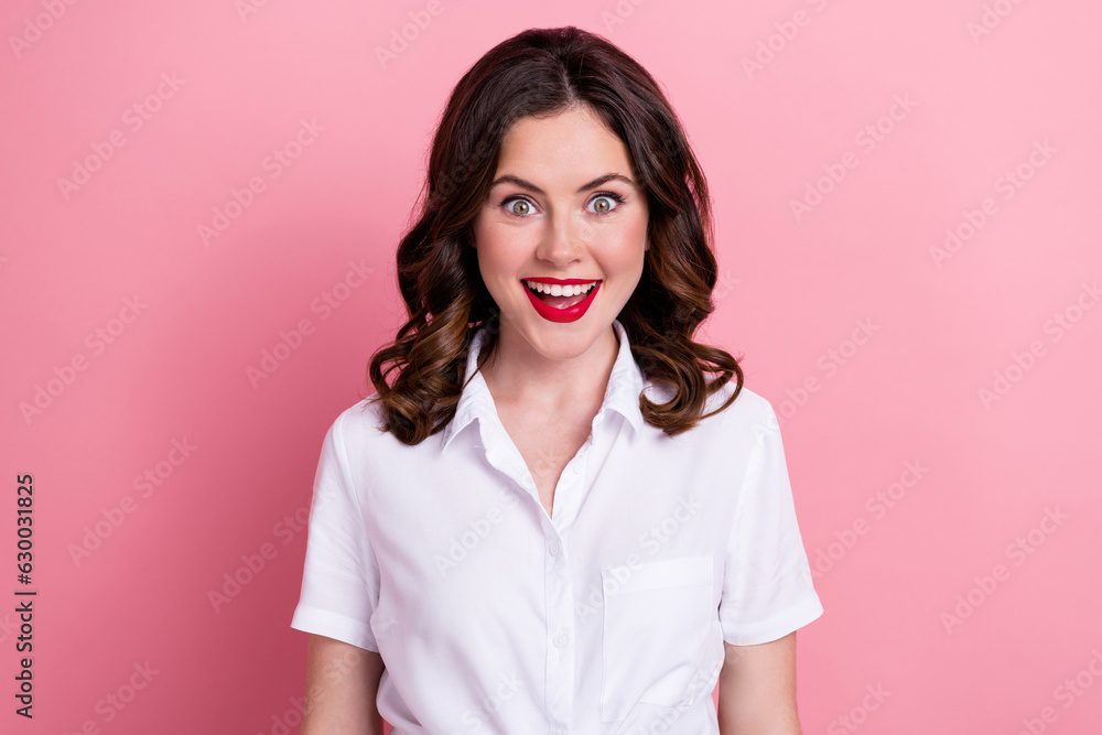 Photo of good mood impressed young lady wear white shirt smiling open mouth isolated pink color background