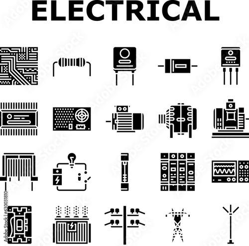 electrical engineer industry work icons set vector. technician technology, equipment engineering, industrial maintenance, service worker electrical engineer industry work glyph pictogram Illustrations
