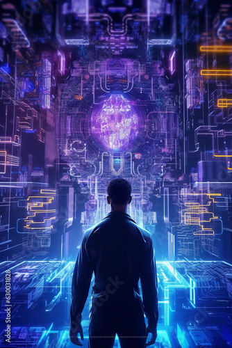 Young man in virtual reality. Holograms, meta verse. Artificial intelligence.Virtual reality, future technology, neon light. Digital Technology NFT game. Holograms. Generative AI