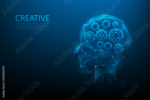idea thinking Cogs in brain human technology digital on blue background. brainstorm creative low poly wireframe. vector illustration fantastic technology design.
