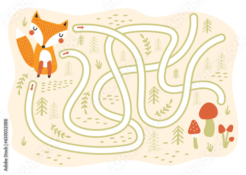 Kids labyrinth maze  game, help cartoon fox to find mushrooms. Game for kids. Vector illustrations