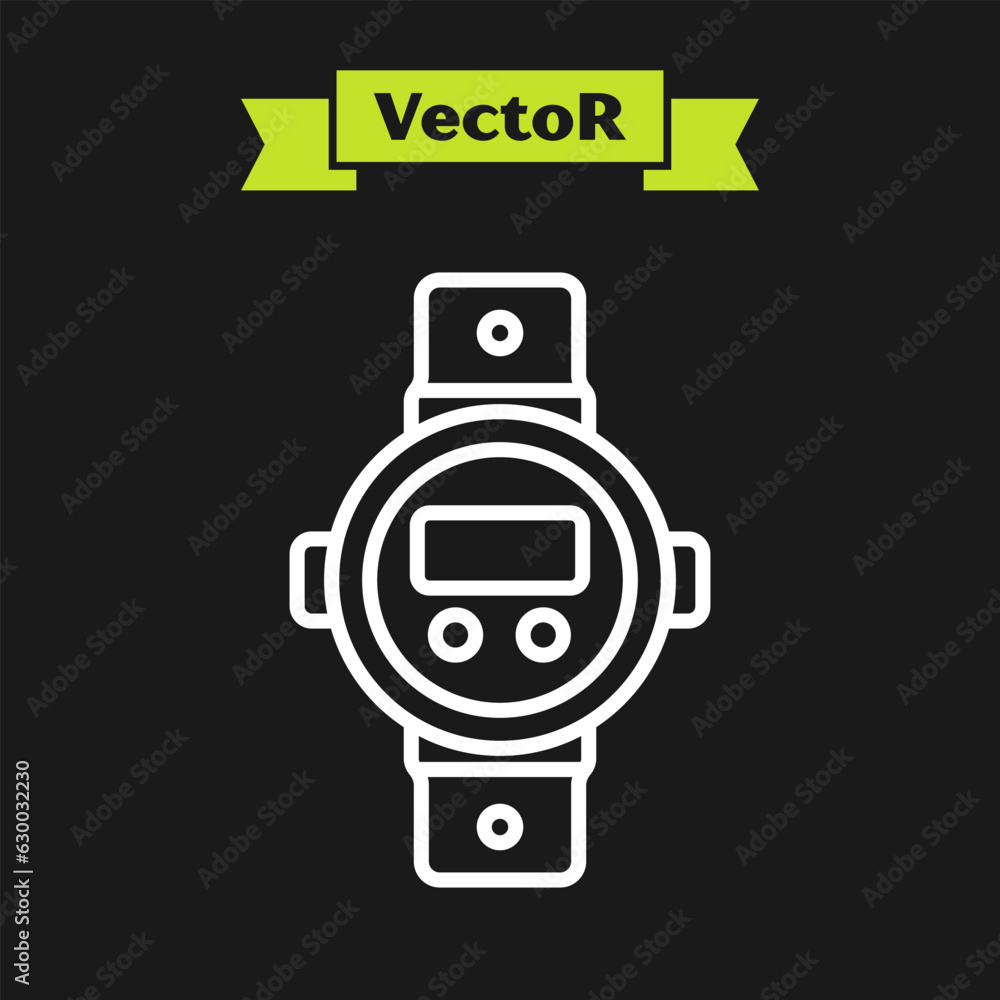 Fototapeta premium White line Diving watch icon isolated on black background. Diving underwater equipment. Vector