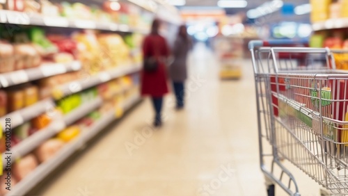 Shopping cart in supermarket and self blurred photo store bokeh background