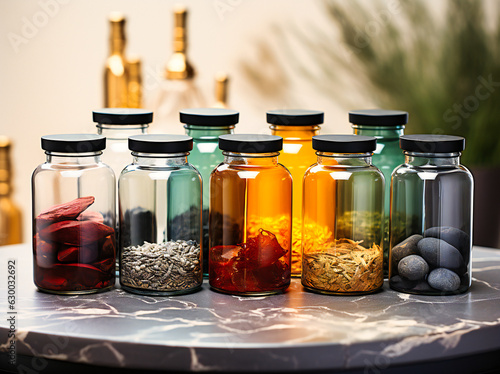 essential oils and ingredients in various jars on a marble table
