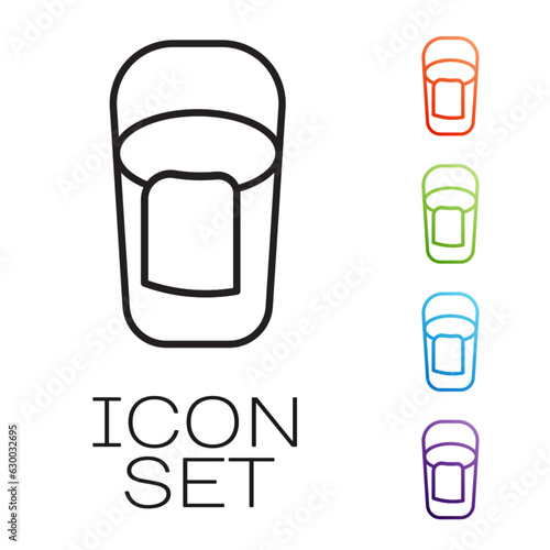 Black line Bucket with rag icon isolated on white background. Cleaning service concept. Set icons colorful. Vector
