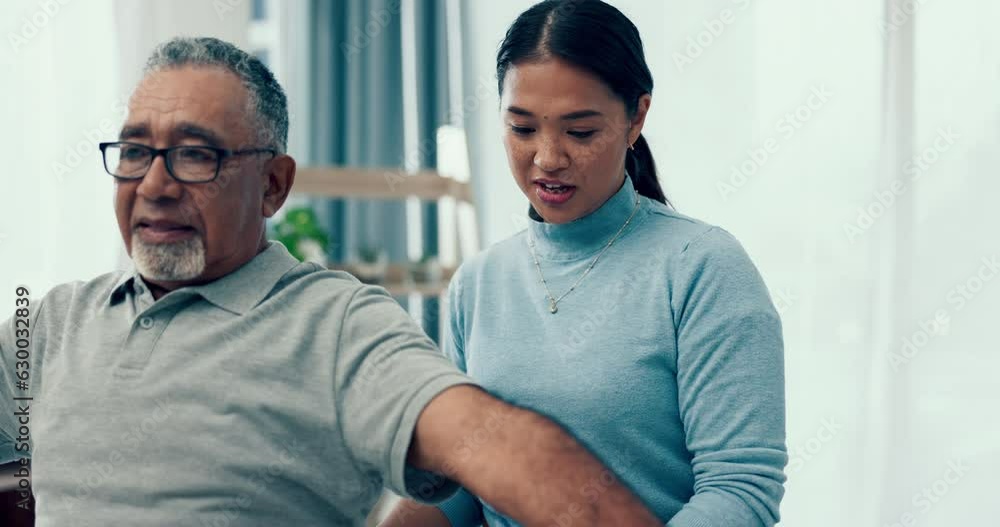 Physiotherapist, old man or training with dumbbells for exercise, rehabilitation or fitness in healing recovery. Mature person, arms mobilty workout or happy woman helping client in physical therapy Physiotherapist, old man or training with dumbbells for exercise, rehabilitation or fitness in healing recovery. Mature person, arms mobilty workout or happy woman helping client in physical therapy