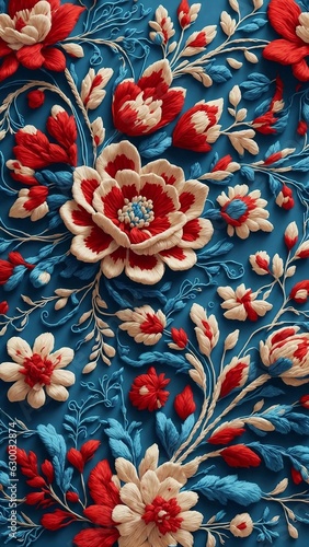 Red, white, and blue flowers on a blue background