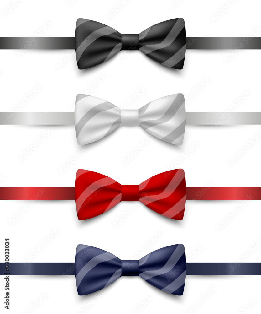 Vector 3d Realistic Striped Blue, Black, Red, White Bow Tie Icon Set Closeup Isolated. Silk Glossy Bowtie, Tie Gentleman. Mockup, Design Template. Bow tie for Man. Mens Fashion, Fathers Day Holiday Vector 3d Realistic Striped Blue, Black, Red, White Bow Tie Icon Set Closeup Isolated. Silk Glossy Bowtie, Tie Gentleman. Mockup, Design Template. Bow tie for Man. Mens Fashion, Fathers Day Holiday