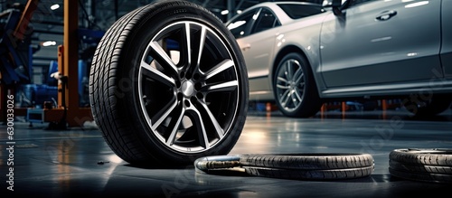 Mechanic replacing a tire with a blank space for text in a repair service center. The background is