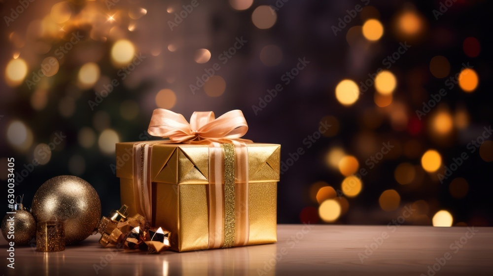 Christmas gift or present box, snowy fir tree and holiday decoration against bokeh background. New year greeting card. Generative Ai. Christmas gift or present box, snowy fir tree and holiday decoration against bokeh background. New year greeting card. Generative Ai.