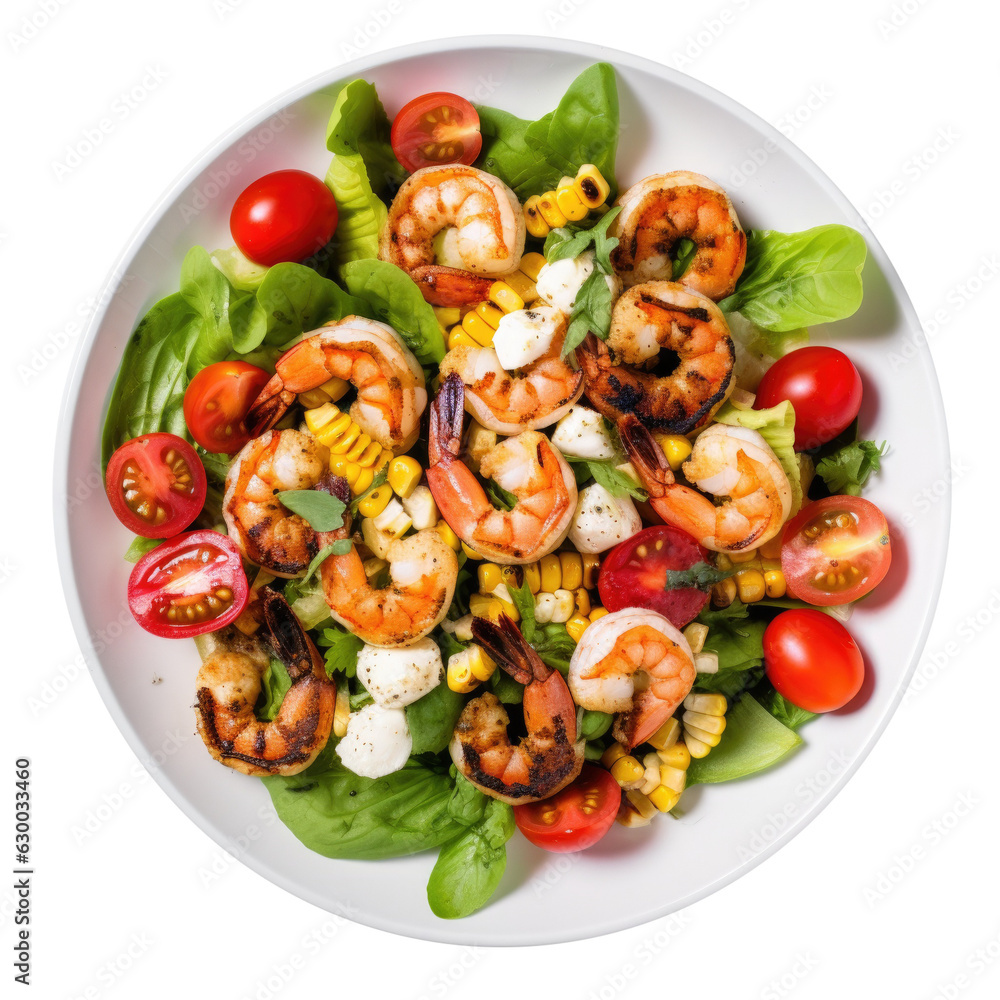 Plate of Mexican Shrimp Salad with Tomatoes and Corn Isolated on a Transparent Background