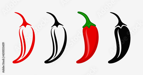 Flat Vector Whole Fresh and Hot Chili Pepper Design Template Closeup Isolated. Spicy Chili Hot or Bell Pepper Collection, Front View. Vector Illustration