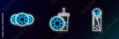 Set line Doner kebab, Donut with sweet glaze and Paper glass drinking straw and donut icon. Glowing neon. Vector