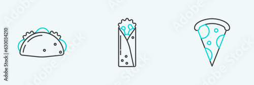 Set line Slice of pizza, Taco with tortilla and Doner kebab icon. Vector