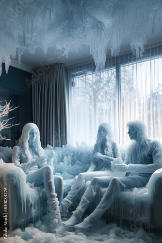 A conceptual image of a family frozen in their living room photo