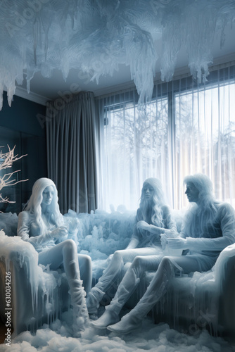 A conceptual image of a family frozen in their living room
