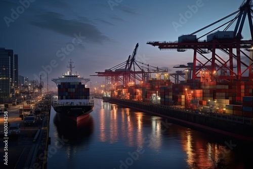international port with Crane loading containers in import export business logistics