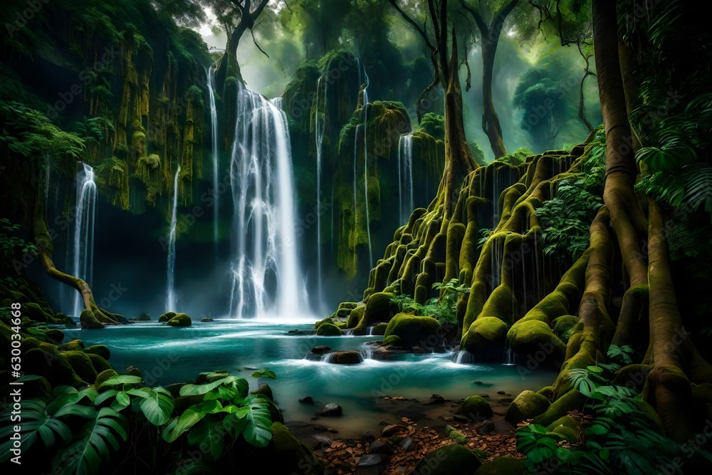 A cascading waterfall in the middle of a serene jungle - AI Generative