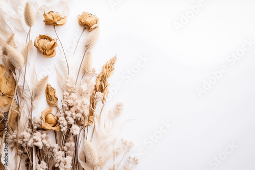 Arrière plan blanc avec fleurs séchées - Générative ia