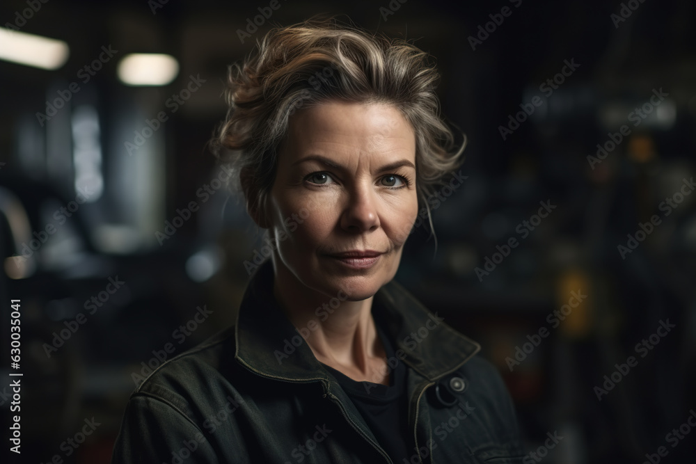 Confident middle aged woman mechanic working in a factory. Portrait of a senior cheerful caucasian female worker in overalls looking at the camera Confident middle aged woman mechanic working in a factory. Portrait of a senior cheerful caucasian female worker in overalls looking at the camera