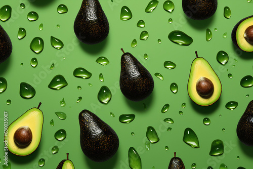Avocados on a green background with green leaves generative ai photo
