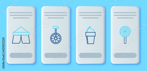 Set line Unicycle or one wheel bicycle, Ice cream in waffle cone, Circus tent and Lollipop icon. Vector