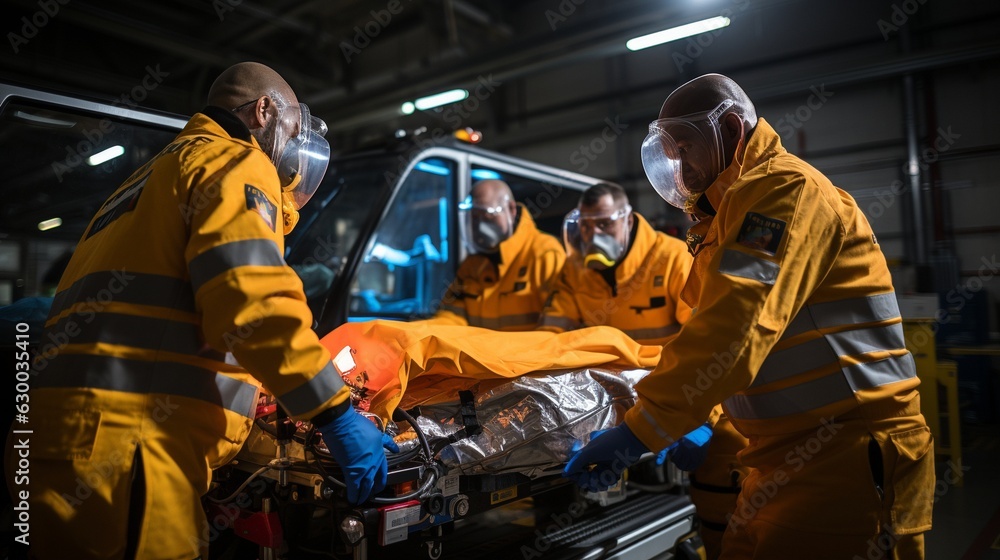 Rolling the ambulance stretcher is a paramedic. Rolling the ambulance stretcher is a paramedic.
