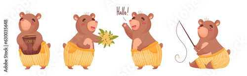 Cute Brown Bear Character Engaged in Different Activity Vector Set