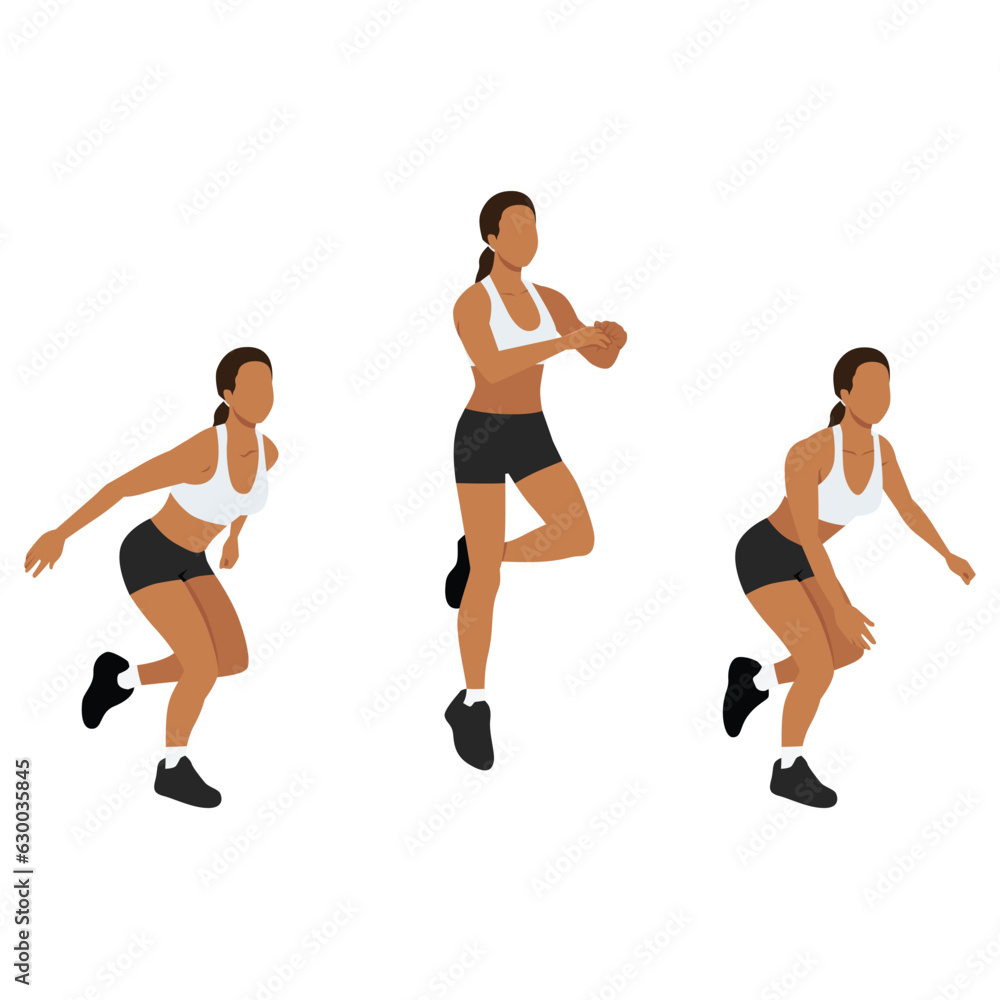 Woman doing single or one leg hops or jumps exercise. Flat vector illustration isolated on white background