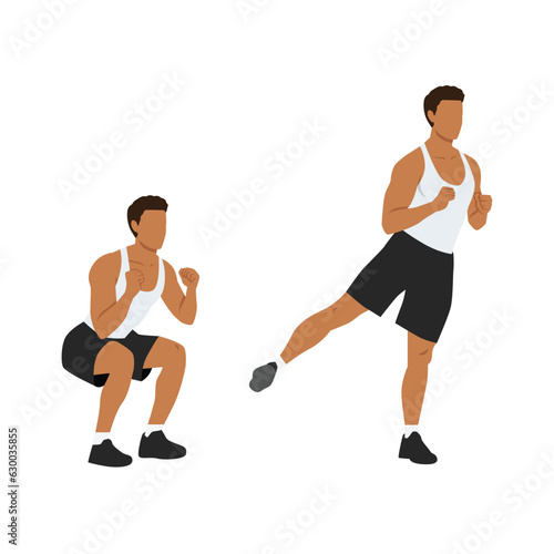 Man doing squats to side leg raises or leg lifts exercise. Flat vector illustration isolated on white background