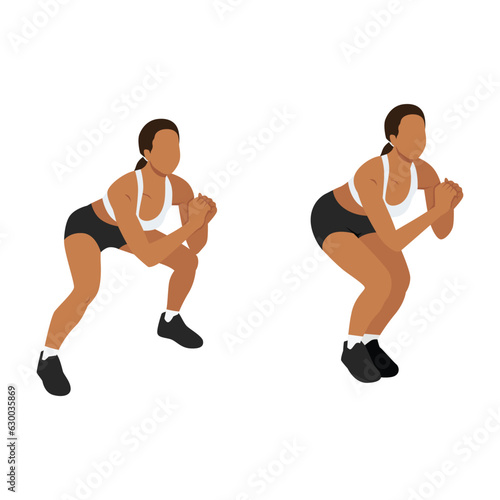 Woman doing squat jacks or side sumo walks exercise. Flat vector illustration isolated on white background