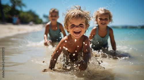 giggling children enjoying the daytime beach