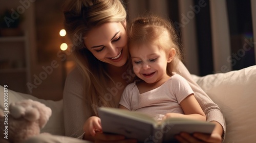 a joyful mother and child enjoy a book.