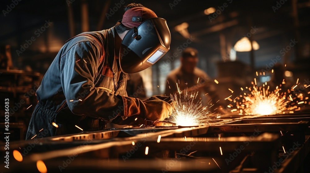 Men working in heavy industry and manufacturing facilities, wearing safety gear, especially in the iron and metal industries