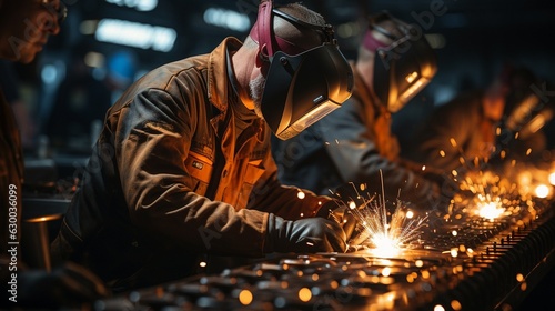 Men working in heavy industry and manufacturing facilities, wearing safety gear, especially in the iron and metal industries