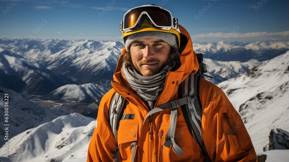 Snowboarder with snow-covered mountains in the background Snowboarder with snow-covered mountains in the background