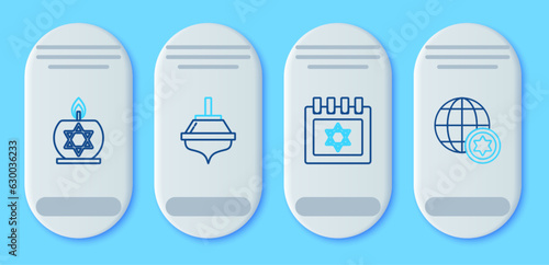Set line Hanukkah dreidel, Jewish calendar with star of david, Burning candle in candlestick and World Globe Israel icon. Vector