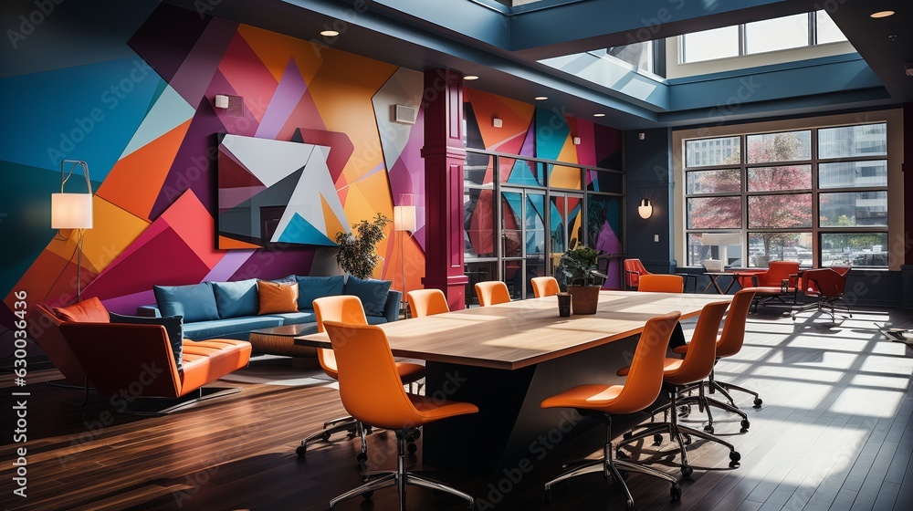 A meeting room with an original and imaginative layout and bright colours