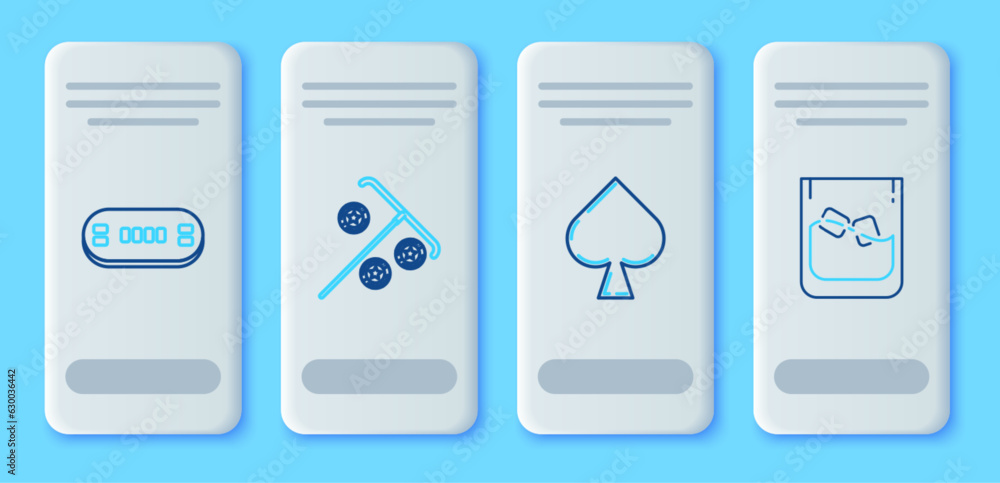 Set line Stick for chips, Playing card with spades symbol, Poker table and Glass of whiskey and ice cubes icon. Vector Set line Stick for chips, Playing card with spades symbol, Poker table and Glass of whiskey and ice cubes icon. Vector