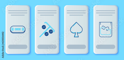 Set line Stick for chips, Playing card with spades symbol, Poker table and Glass of whiskey and ice cubes icon. Vector