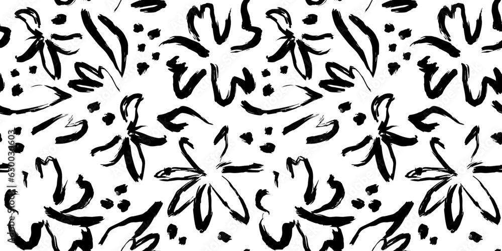Black and white hand drawn flower art seamless pattern illustration ...
