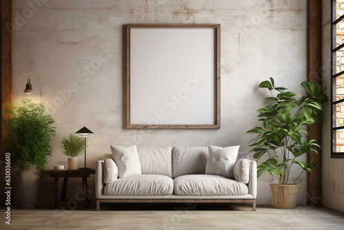 Loft Industrial Style Living Room Interior With Poster Mockup Created with Generative AI © dendyh7