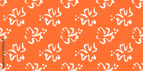 Abstract hand drawn flower seamless pattern illustration. Colorful hawaiian print, summer floral background in vintage art style. Hibiscus blossom plant painting texture.