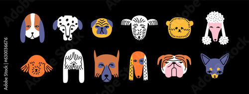 Funny dog animal head cartoon set in modern flat illustration style. Cute puppy pet collection, diverse breeds - domestic dogs bundle.