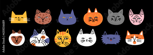 Funny cat animal head cartoon set in modern flat illustration style. Cute kitten pet collection, diverse breeds - domestic cats bundle. © Dedraw Studio